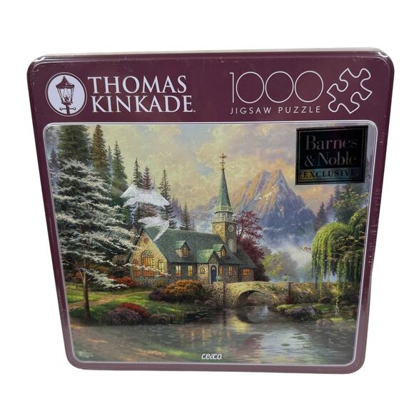 Ceaco Thomas Kinkade Dogwood Chapel 1000 Piece Jigsaw Puzzle Tin Metal Box - Picture 1 of 6